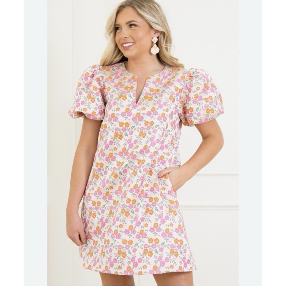 Lovelo Puff Sleeve Large Pink Orange‎ Petal Flowered Dress Pockets NWT Msrp $68